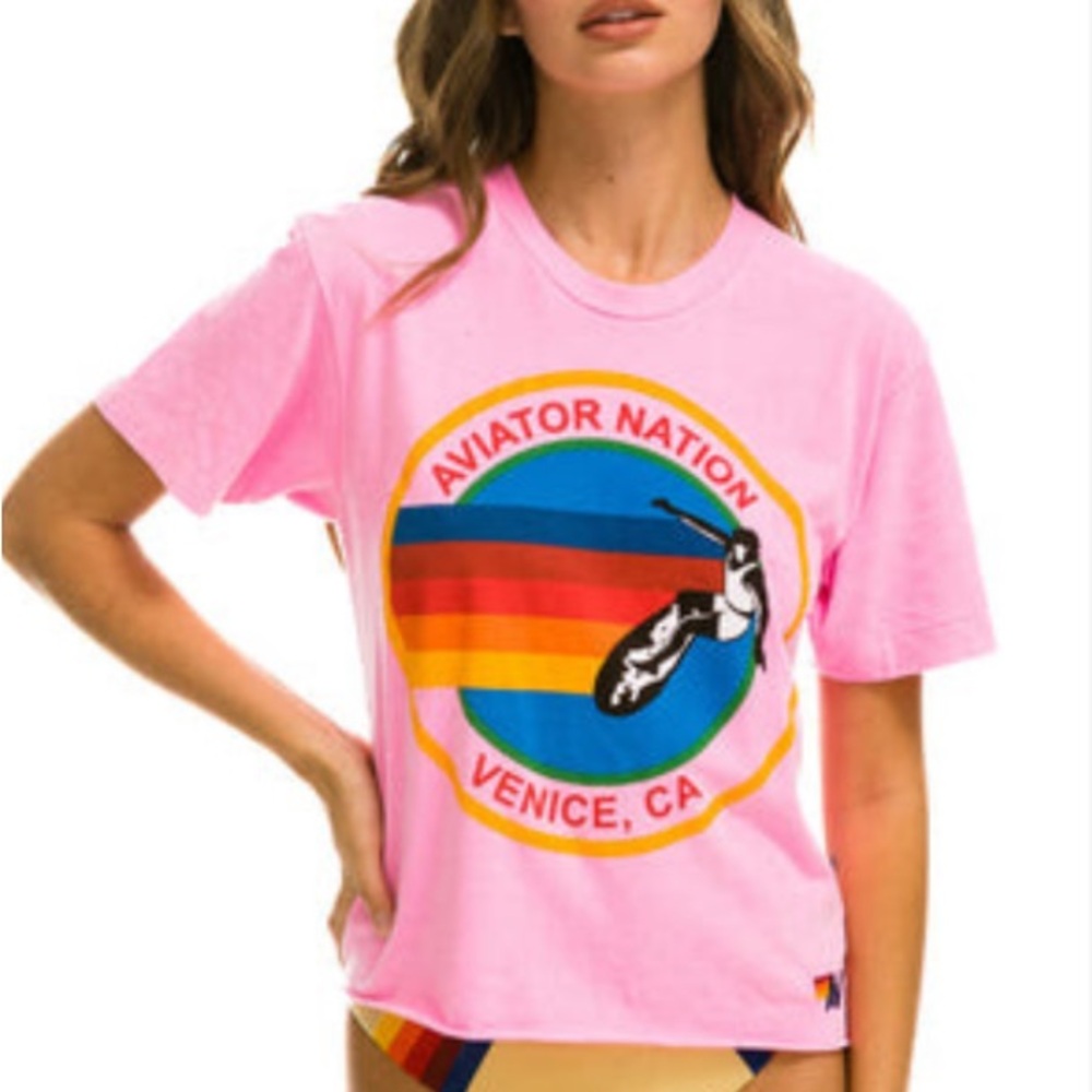 Aviator Nation Pink Boyfriend Tee with Rainbow Graphic